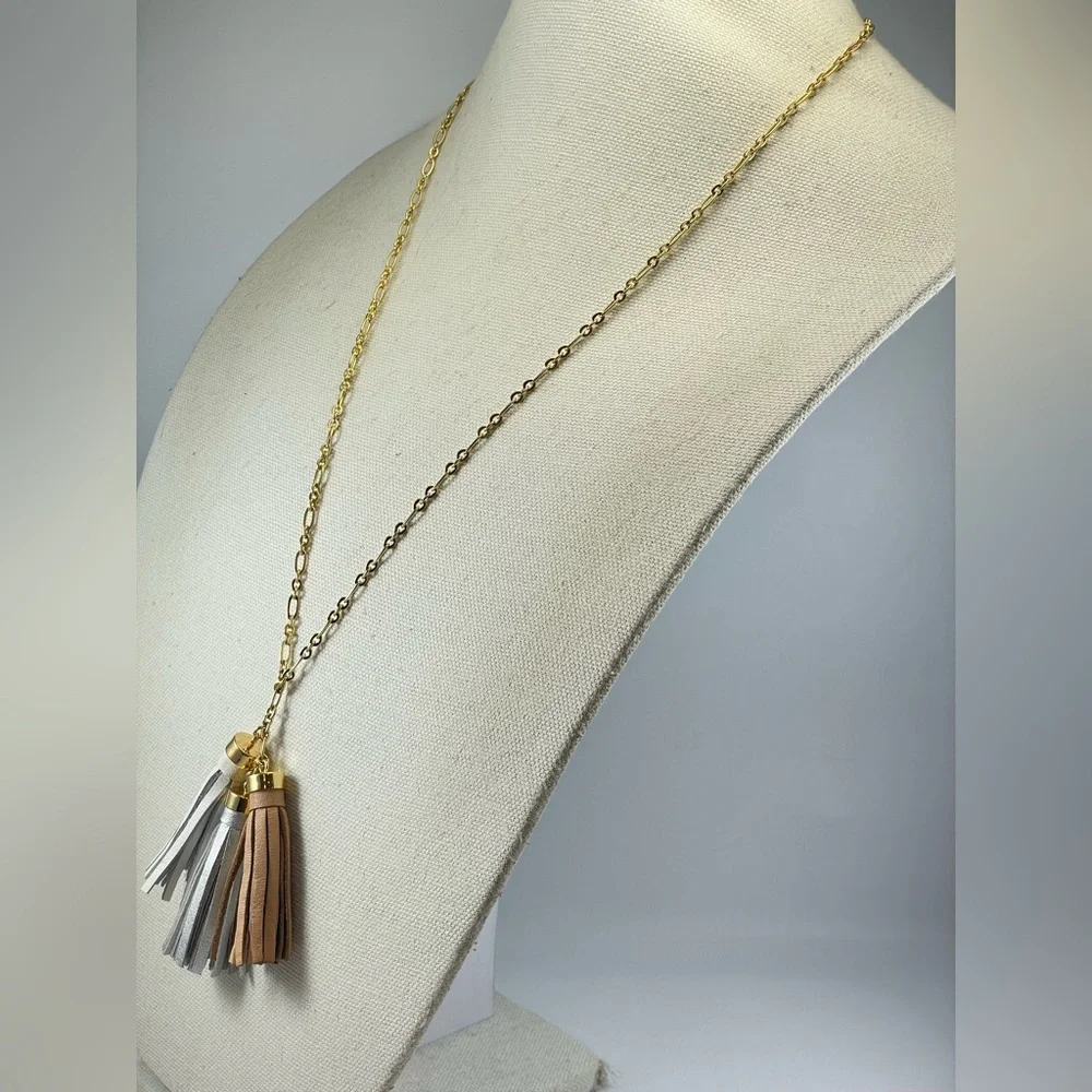 J. Crew Gold Tone Triple Leather Tassel Pendant Long Chain Necklace Boho Classic